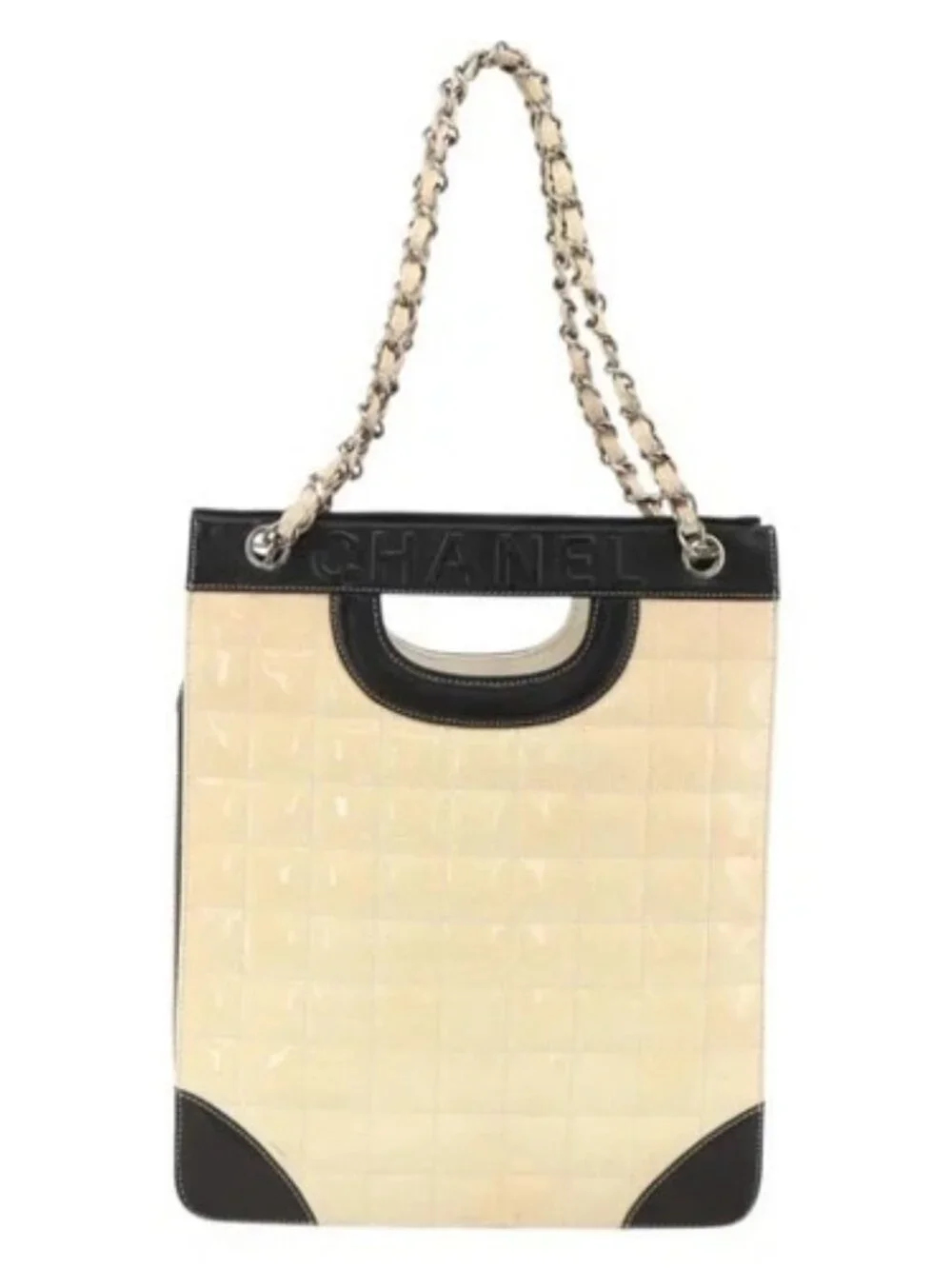 CHANEL Choco Bar Chain Shoulder Bag Patent Leather Beige Silver CC Auth BA11764A